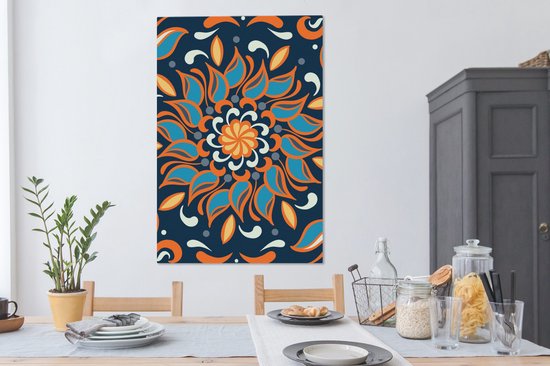 Motif carré et abstrait d'un tournesol bleu avec orange sur fond bleu foncé 90x140 cm - Tirage photo sur toile (Décoration murale salon / chambre)