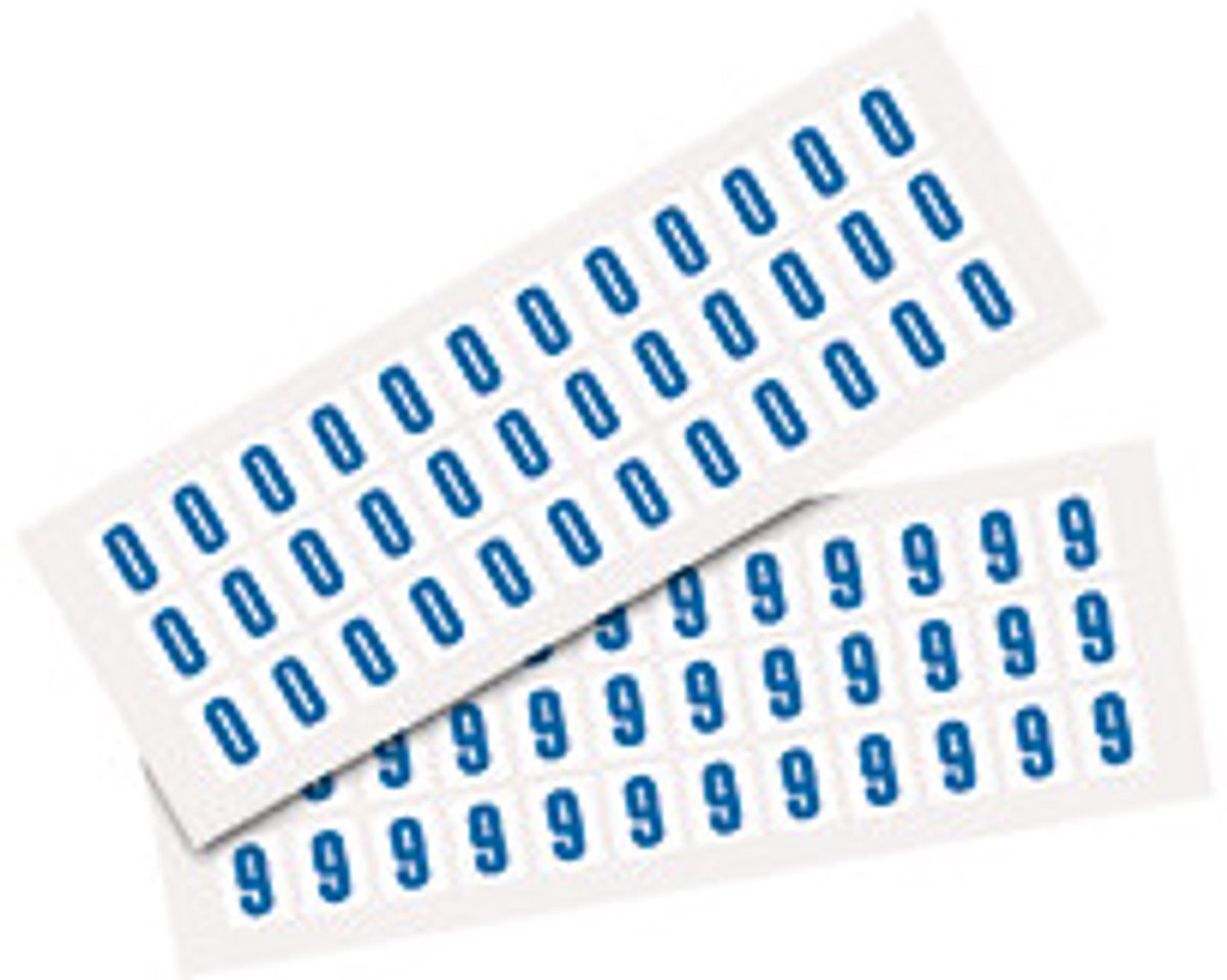 Set cijfer stickers 0-9 - zelfklevende folie - 20 kaarten - blauw wit teksthoogte 15 mm
