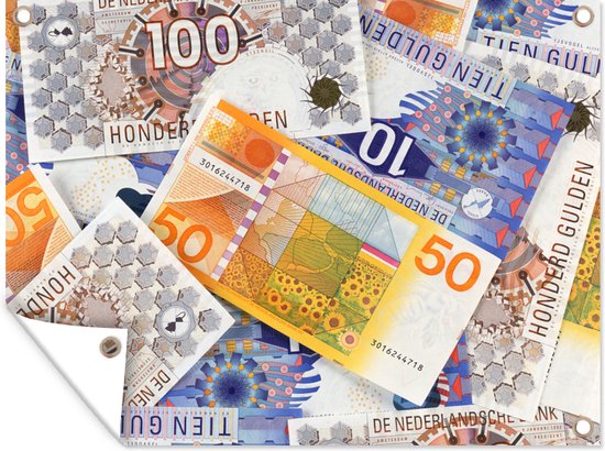 Tuin decoratie Een stapel Nederlands briefgeld van het gulden tijdperk - 40x30 cm - Tuindoek - Buitenposter