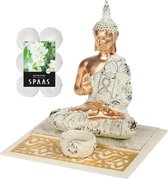 Boeddha beeld voor binnen 19 cm met 12x geurkaarsen Spiritual Jasmin - Buddha beeldje met theelichtjes/waxinelichtjes