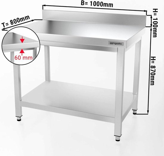 HCB RVS Werktafel Tafel Premium-line 200 x 60 x 85 cm Horeca - Horecacentrum Brabant
