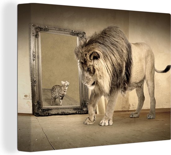 Peintures sur toile Lion - Chat - Miroir - 160x120 cm - Décoration murale  XXL | bol.com
