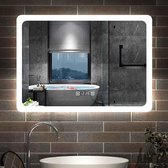 LED badkamerspiegel 70×50cm wandspiegel met klok, touch, condensvrije badkamerspiegel met verlichting lichtspiegel IP44 koud wit energiebesparend
