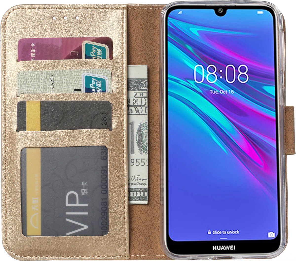 Samsung Galaxy A10 Telefoon Hoesje met pasjeshouder - Goud - van Bixb