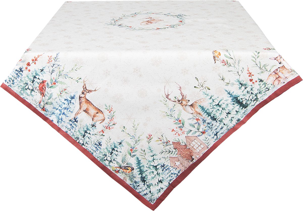 Clayre & Eef Tafelkleed 150x250 cm Wit Rood Katoen Rechthoek Hert Tafellaken
