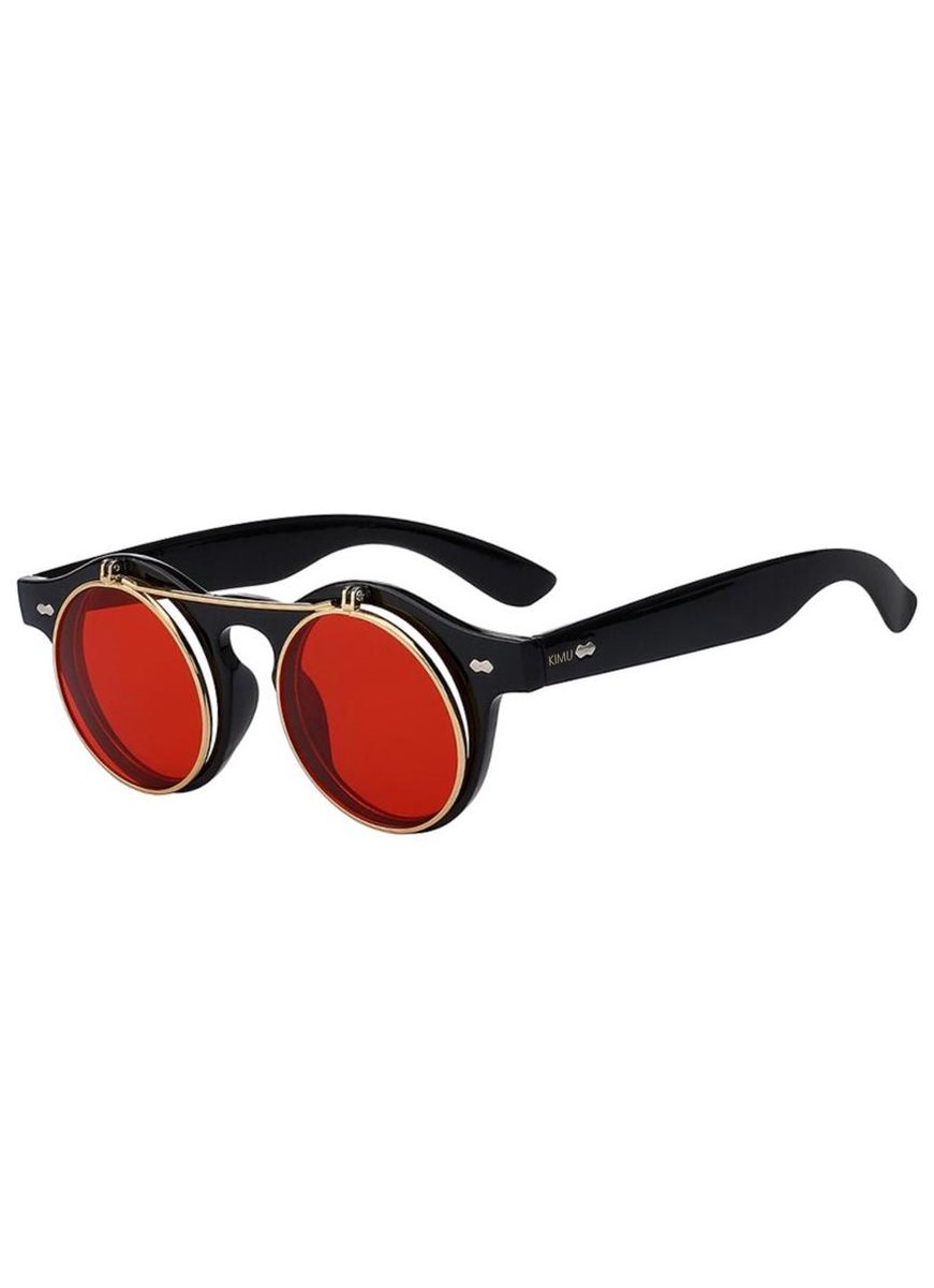 KIMU ronde zonnebril steampunk vintage flip up zwart rode glazen - vintage retro opklapbaar