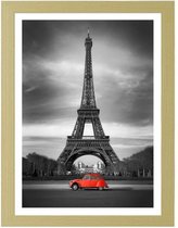 Foto in frame , Rode auto voor de Eiffeltoren , 3 maten , Rood zwart wit , Premium print