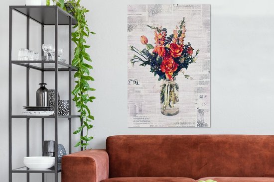 Illustration fleur sur coupure de journal 90x140 cm - Tirage photo sur toile (Décoration murale salon / chambre) / Peintures Fleurs sur toile