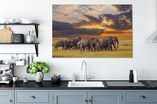 Troupeau d'éléphants au bord d'un lac toile 2cm 140x90 cm - Tirage photo sur toile peinture (Décoration murale salon / chambre) / animaux sauvages Peintures sur toile