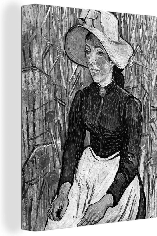 Canvas Schilderij Boerenmeisje met gele strohoed - Vincent van Gogh - Zwart - Wit - 60x80 cm - Wanddecoratie