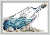 Borduur pakket, Zee in een fles, 54 x 38 cm, 11 ct, met voorgedrukt borduurstof en telpatroon