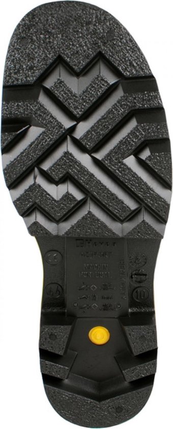 Onderkant van een zwarte Dunlop laars met een grof antislip profiel en een geel accentpunt.
