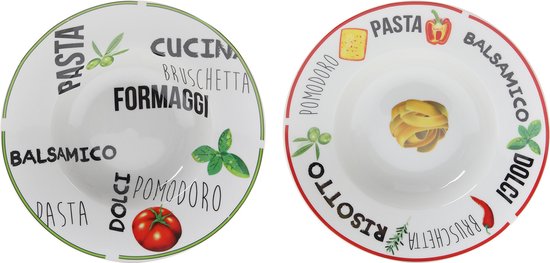 Twee witte, diepe schalen met diverse Italiaanse teksten en afbeeldingen van ingrediënten.