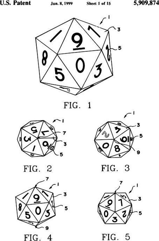 Twenty-Sided Dice Patent Fig 1 To 5 Art Print | Poster