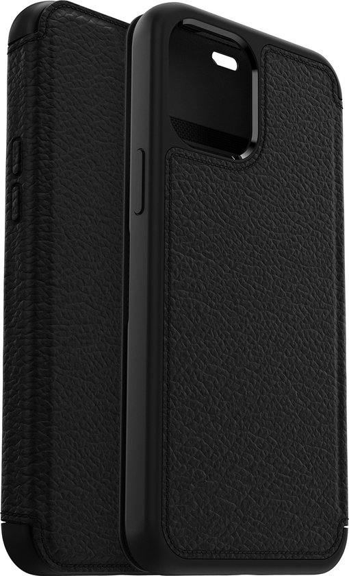 Zwarte OtterBox Strada telefoonhoes, achterkant en zijkant.