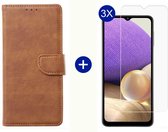 BixB Samsung A32 5G hoesje - Met 3x screenprotector / tempered glass - Book Case Wallet - Bruin