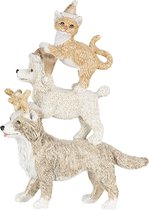 Clayre & Eef Kerstdecoratie Beeld Honden en kat 12*4*17  cm Grijs, Beige, Wit Kunststof Decoratief Figuur Decoratieve Accessoires Kerstdecoratie voor Binnen