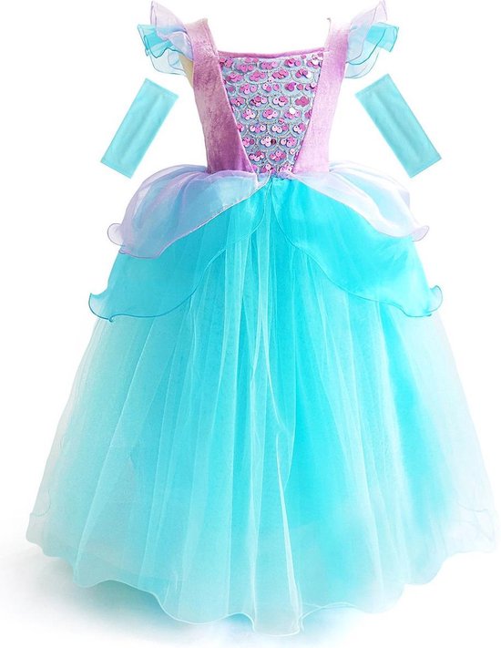 Prinses - Deluxe Zeemeermin jurk - Ariel - Prinsessenjurk - Verkleedkleding - Zeeblauw - Maat 134/140 (8/9 jaar)