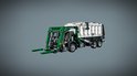 LEGO Technic vuilniswagen met groene kraan en witte container, op grijze achtergrond.