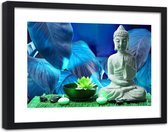 Foto in frame ,Boeddha met een Lelie , 120x80cm , Blauw zwart , Premium print