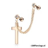 Helix piercing ketting met massief kruis hanger gold plated rose kleur