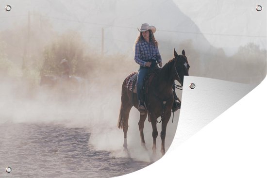 Muurdecoratie Paarden - Mist - Cowgirl - 180x120 cm - Tuinposter - Tuindoek - Buitenposter