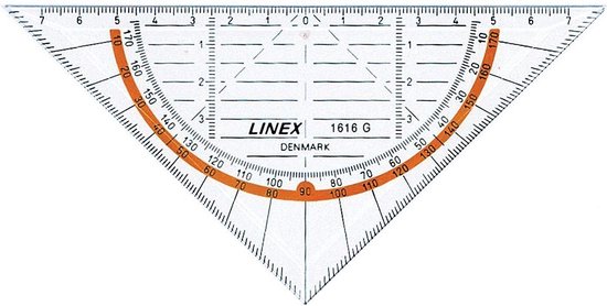 Transparante geodriehoek van Linex 1616 G met oranje markeringen en schaalverdeling.