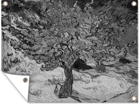 Tuinposter 40x30 cm - Tuindecoratie De moerbeiboom - Vincent van Gogh - Zwart - Wit - Poster voor in de tuin - Buiten decoratie - Schutting tuinschilderij - Tuindoek muurdecoratie - Wanddecoratie balkondoek