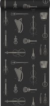 Origin behang muziekinstrumenten zwart - 347450 - 53 cm x 10,05 m