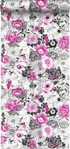 ESTAhome behang bloemen roze en zwart - 138504 - 53 cm x 10,05 m
