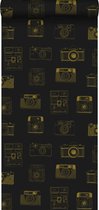 ESTAhome behang polaroid camera’s zwart en glanzend goud - 128825 - 0.53 x 10.05 m
