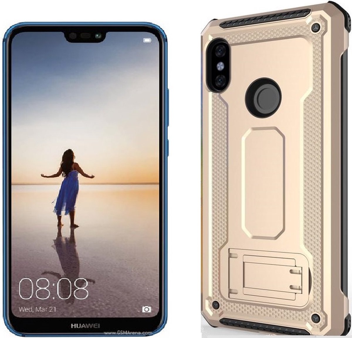 Ntech Hoesje Geschikt voor Huawei P20 Lite Armor hoesje met Kickstand - Goud
