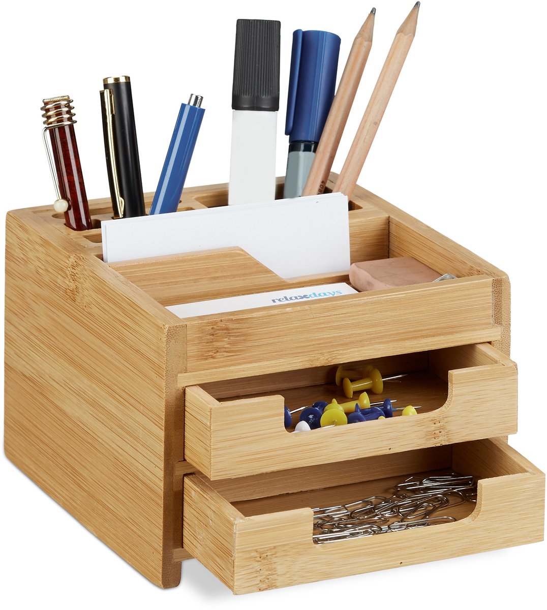 pennenbak bamboe - met lades - 9,5 x 12,5 x 15 cm - bureau organizer