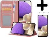 Hoesje Geschikt voor Samsung A32 4G Hoesje Book Case Hoes Wallet Cover Met Screenprotector - Hoes Geschikt voor Samsung Galaxy A32 4G Hoesje Bookcase Hoes - Rosé goud