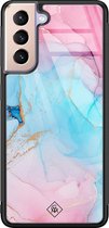 Samsung S21 Plus hoesje glass - Marmer blauw roze | Samsung Galaxy S21 Plus  case | Hardcase backcover zwart