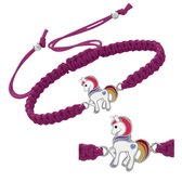 Armband meisje | Eenhoorn armband | Katoenen armbandje, zilveren eenhoorn met roze manen