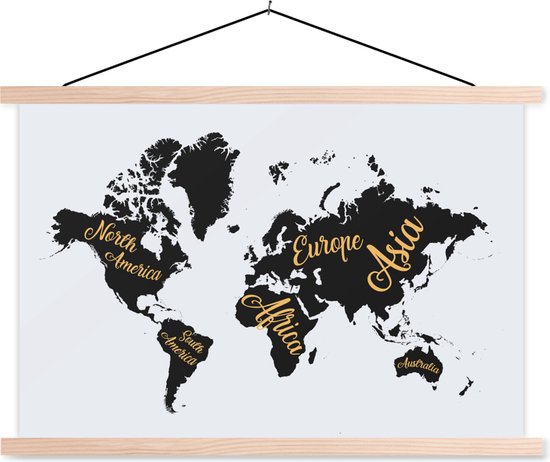 Posterhanger incl. Poster - Schoolplaat - Wereldkaart - Letters - Goud - 150x100 cm - Blanke latten