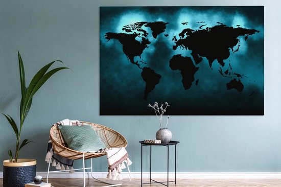 Peintures Toile Wereldkaart - Zwart - Blauw - 150x100 cm - Décoration murale