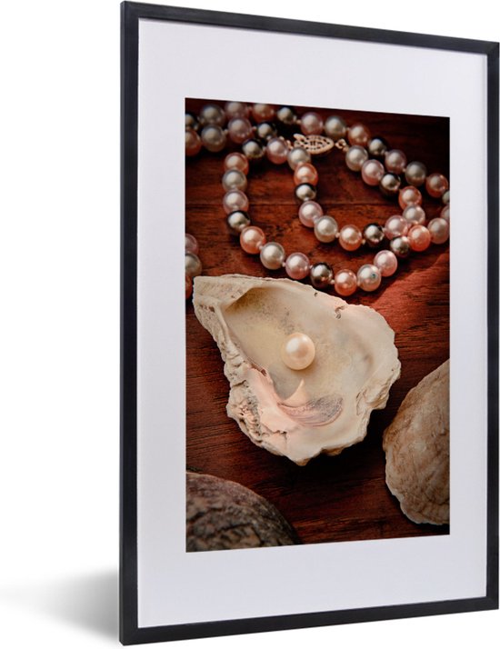 Fotolijst incl. Poster - Ketting van parels langs oester - 40x60 cm - Posterlijst