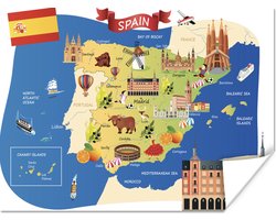 Poster Kaart van Spanje met illustraties van bezienswaardigheden - 80x60 cm