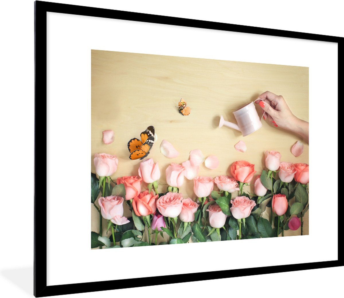 Poster in lijst - Fotolijst 80x60 cm - Posters - Bloemen - Rozen - Gieter - Posterlijst zw