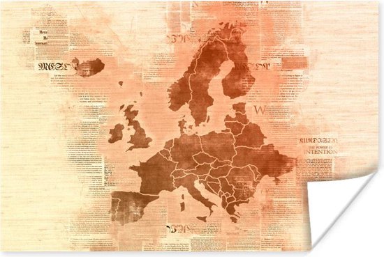Poster Kaart Europa - Krant - Oranje - 30x20 cm