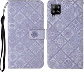 Voor Samsung Galaxy A22 4G etnische stijl reliëf patroon horizontale flip lederen tas met houder & kaartsleuven & portemonnee & lanyard (paars)