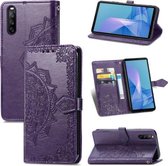 Voor Sony Xperia 1 III Mandala Embossing Patroon Horizontale Flip Leren Case met Houder & Kaartsleuven & Portemonnee & Lanyard (Paars)