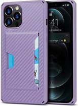 Koolstofvezelpantser Schokbestendig TPU + pc-hardcase met kaartsleufhouder Funtion voor iPhone 12 Pro Max (paars)