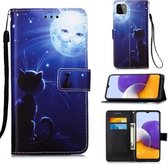 Voor Samsung Galaxy A22 5G (Amerikaanse versie) Gekleurd tekeningpatroon Vlak geweven horizontaal Flip lederen hoesje met houder & kaartsleuf & portemonnee & lanyard (kat en zon)