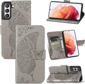 Voor Samsung Galaxy S21 FE Vlinder Liefde Bloemen Reliëf Horizontale Flip Lederen Case met Houder & Kaartsleuven & Portemonnee & Lanyard (Grijs)