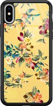 iPhone XS Max hoesje glass - Bloemen geel flowers | Apple iPhone Xs Max case | Hardcase backcover zwart