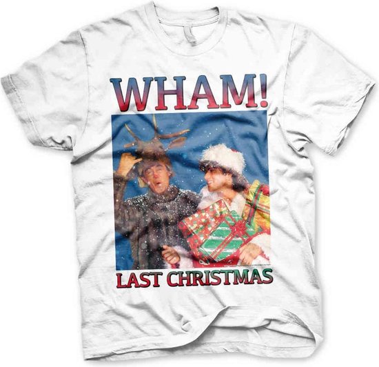 Wit T-shirt met de tekst 'WHAM! LAST CHRISTMAS' en een afbeelding van George Michael en Andrew Ridgeley met cadeaus.