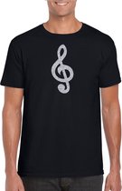 Zilveren muzieknoot G-sleutel / muziek feest t-shirt / kleding - zwart - voor heren - muziek shirts / muziek liefhebber / outfit M
